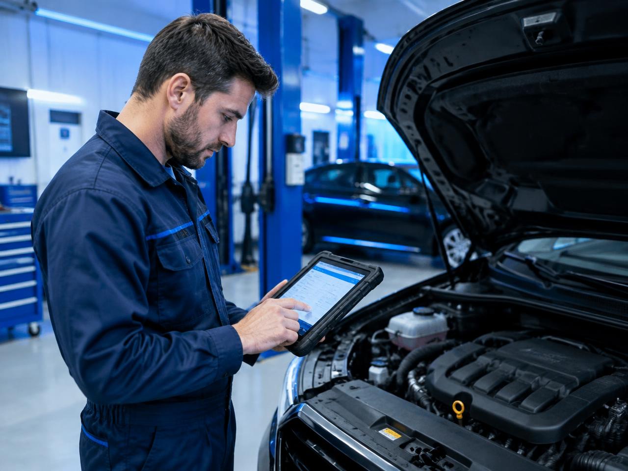 Mechaniker bei der Fahrzeugdiagnose